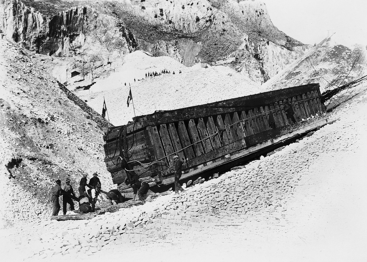 Apuan Alps (Carrara). Monoliths Being Transported on Sledges in the Quarries by A. Corsini