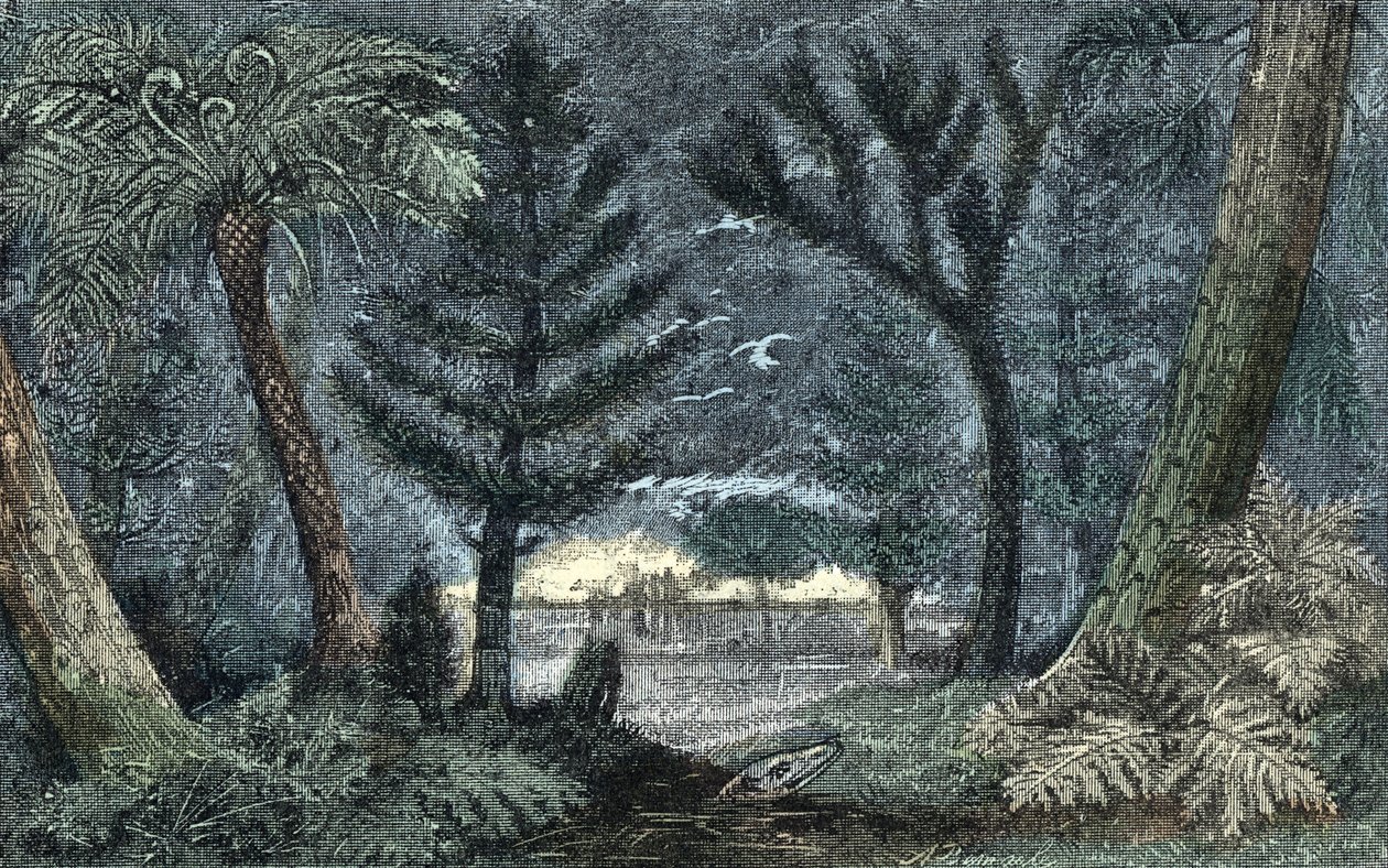 Prehistory: characteristic landscape with swamp and forest by A. Demarle