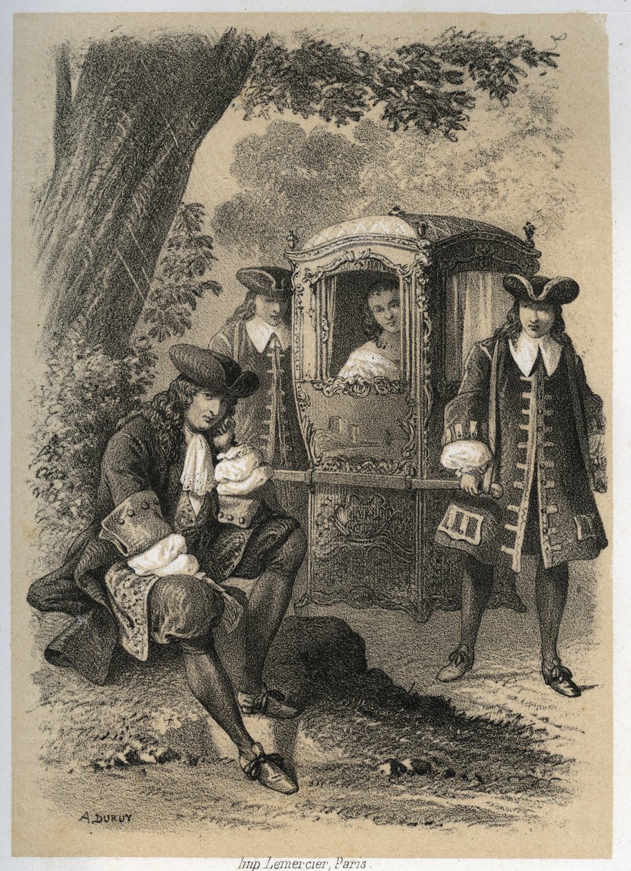 Marie Anne Mancini (1649-1714) Duchess of Bouillon going one morning to Versailles saw Jean de la Fontaine rising under a tree; in the evening she found him in the same place. Engraving by A. Duruy in Illustrations litteraires de la France by A. Duruy