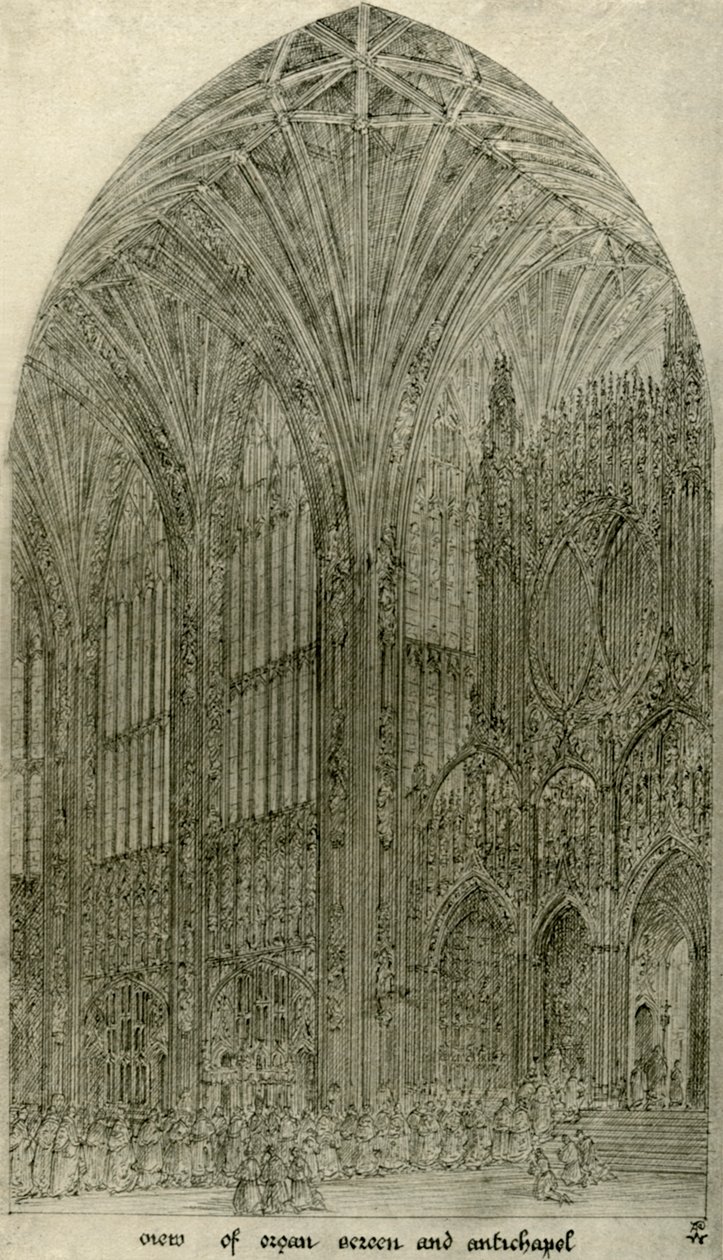 Architectural drawing: view of organ screen and antichapel by A. W. N. Pugin
