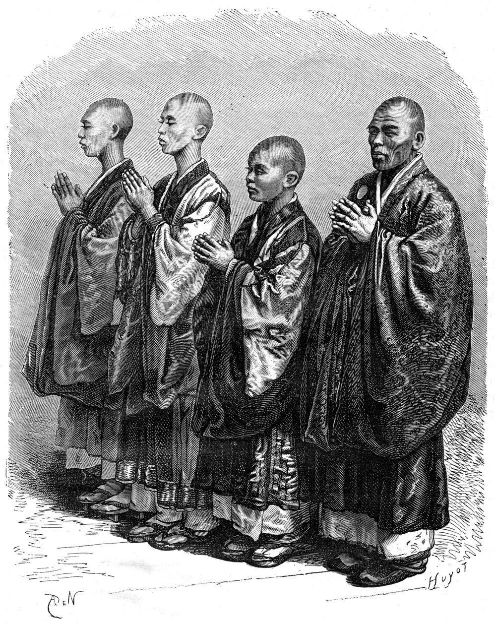 Buddhists in Prayer, Japan, 19th century by A. de Neuville