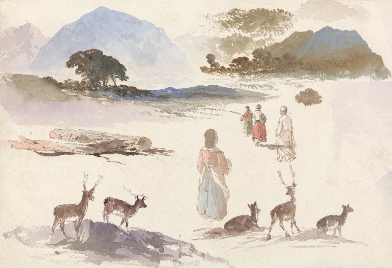 Sheet of Studies of Deer, Figures and Landscape by Aaron Edwin Penley