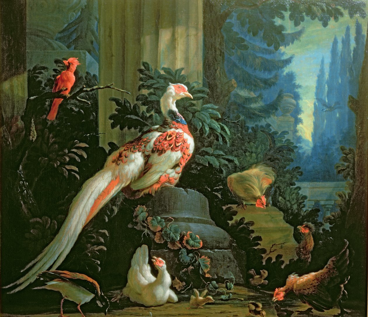 A White Pheasant, a Red Cardinal and Fowl in a Landscape by Abraham Bisschop