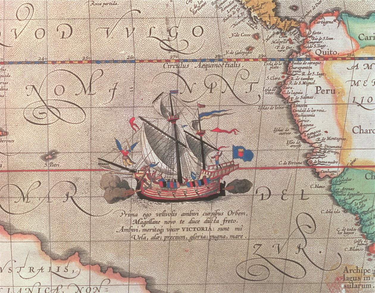 A Sailing Ship Firing Its Cannon, Detail from a Map of the Pacific, China and America, 1599 by Abraham Ortelius