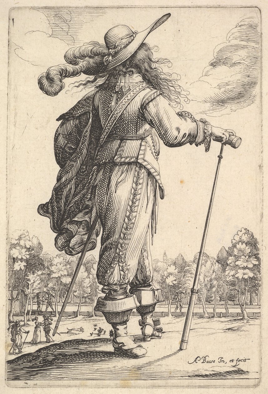 A Gentleman, Seen from Behind, Walking Towards the Right with a Cane and Wearing a Plumed... (detail) by Abraham Bosse