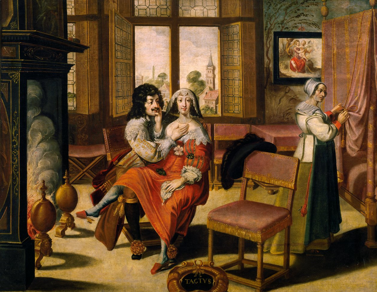 Sense of touch, ca 1635, by Abraham Bosse, after painting from series of 5 by unknown artist by Abraham Bosse