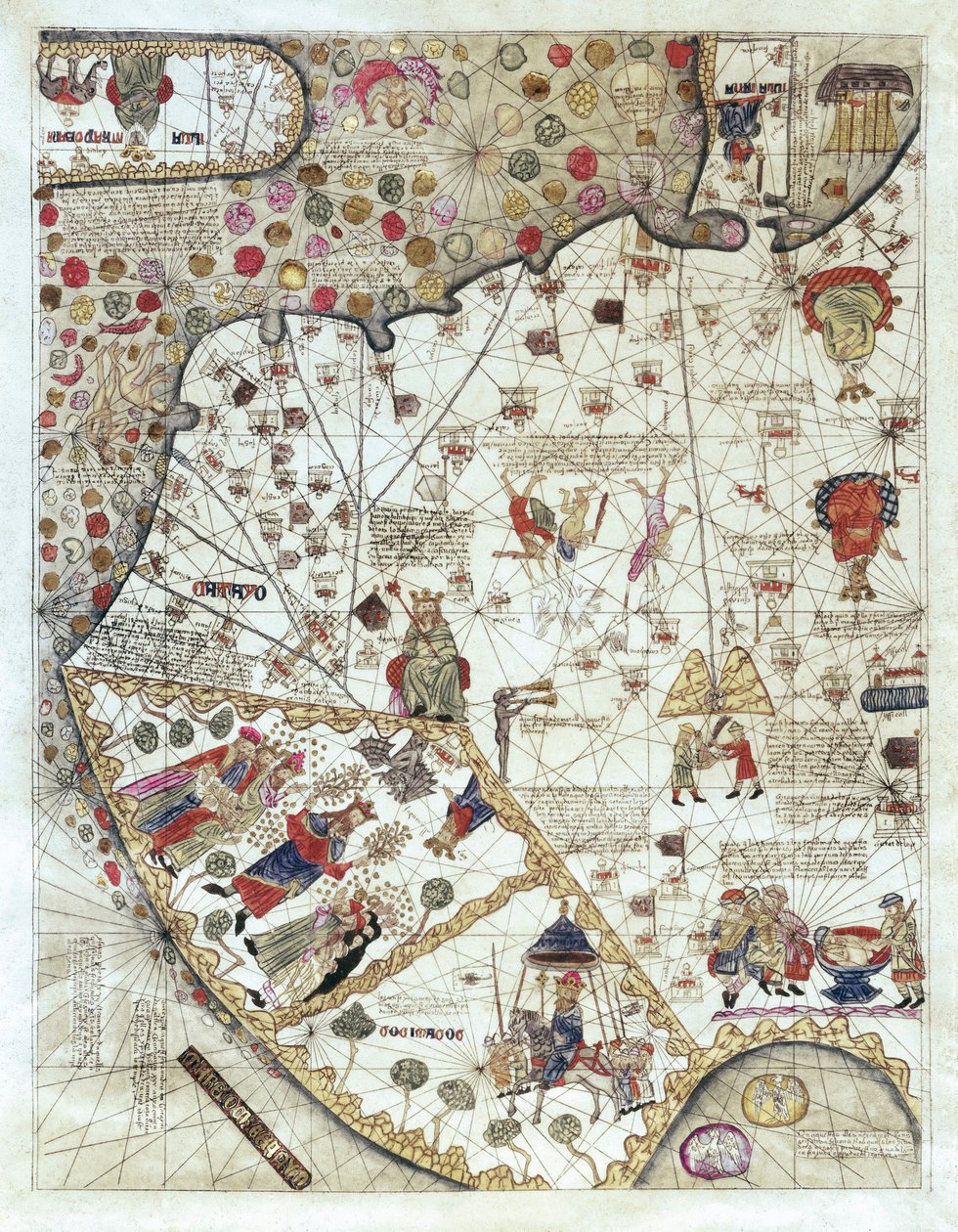 Map of China (Cathay), with descriptions of small scenes, delimitation of the kingdoms with its sovereign represented each time by Abraham and Cresques Jehuda Cresques