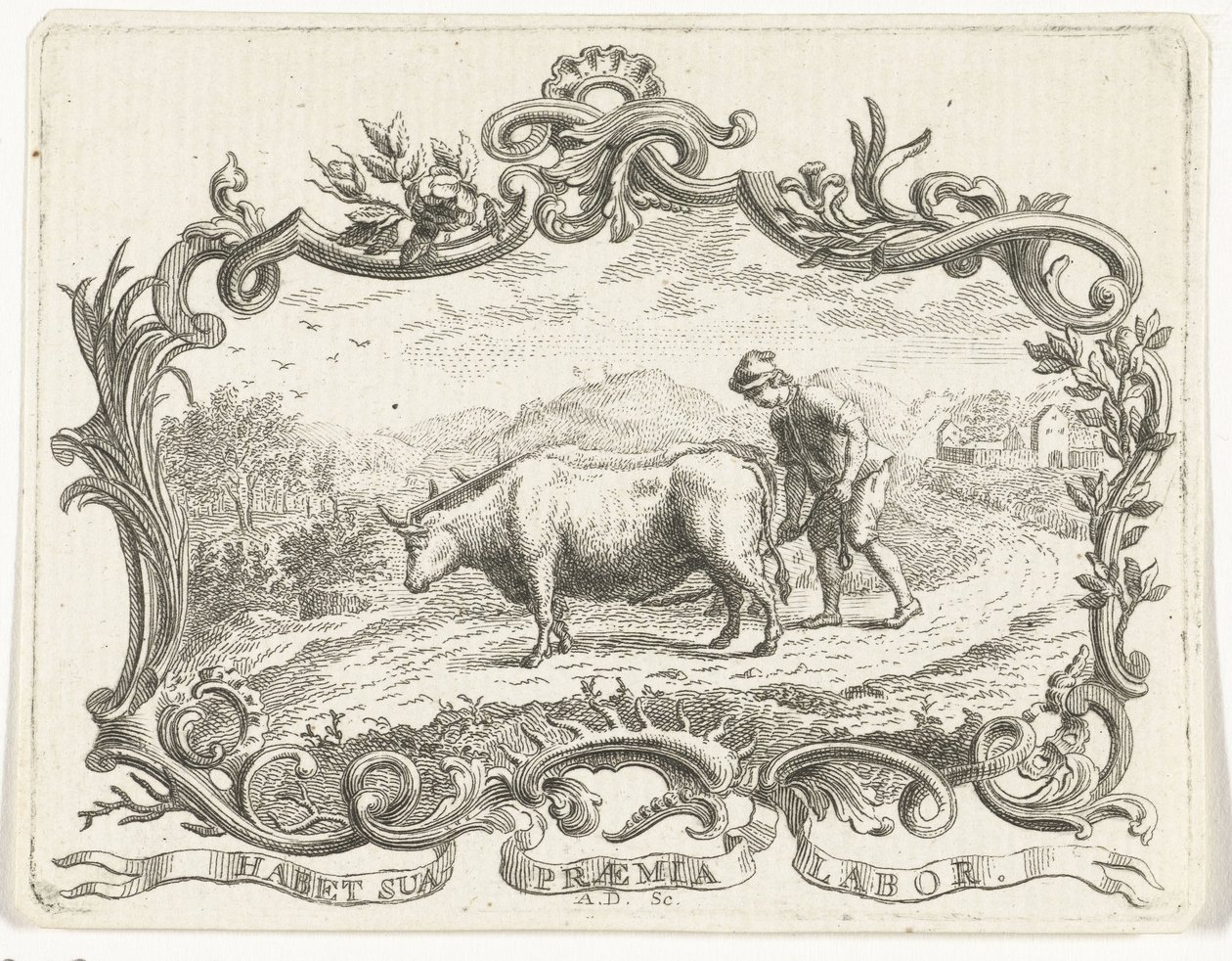 Farmer Plowing a Field with Two Oxen, in Cartouche by Abraham Delfos