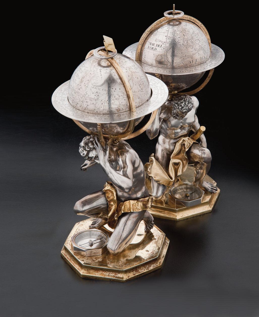 Two exceptional terrestrial and celestial globes, supported by Hercules and Atlas, Augsburg by Abraham Drentwett