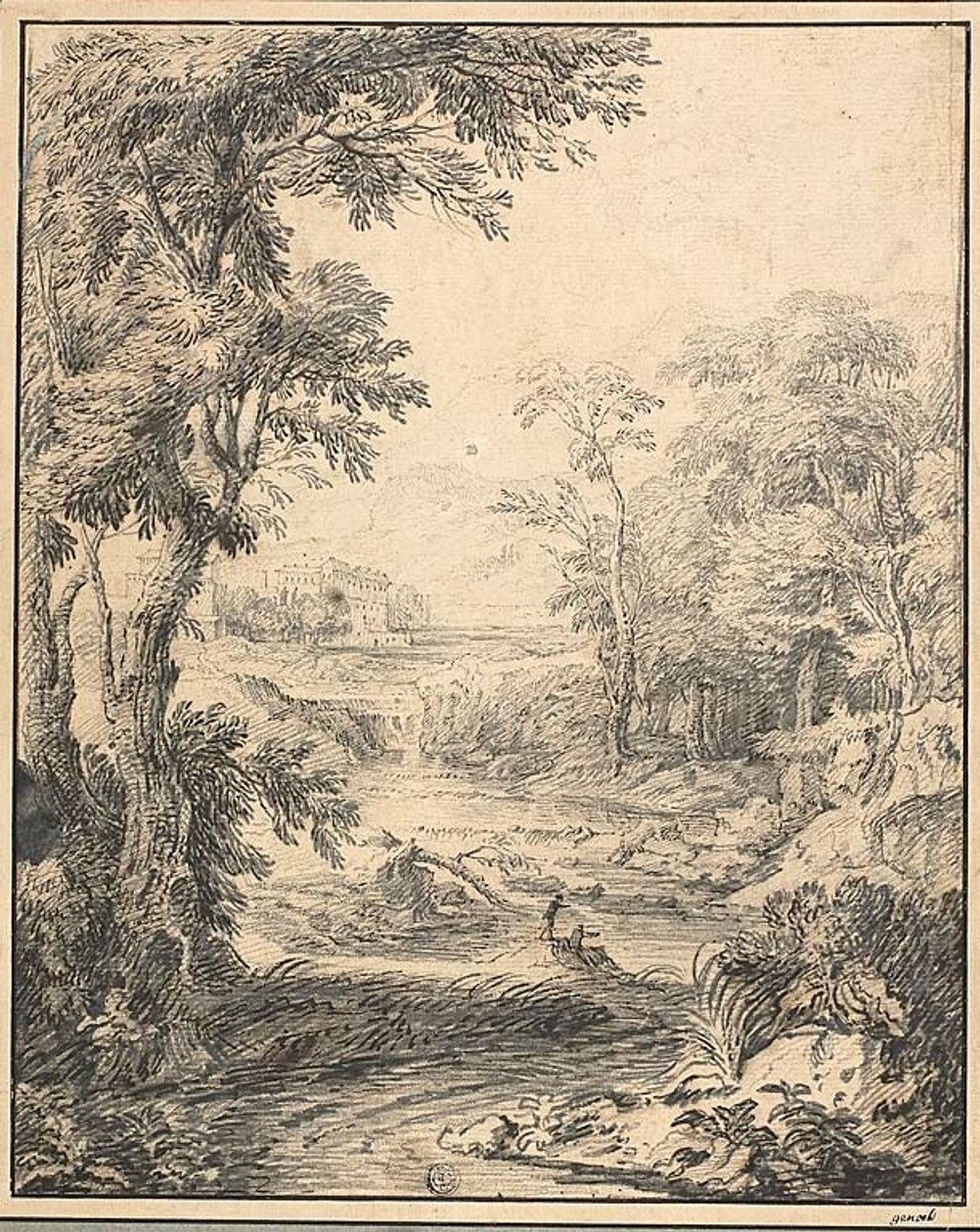River Landscape with Two Figures in Foreground, Castle in Distance by Abraham Genoels II