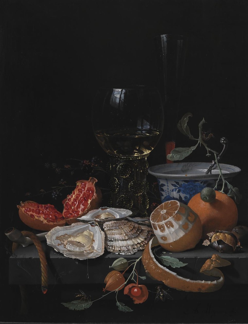 Oysters, Fruit and a Wineglass on a Stone Table by Abraham Mignon
