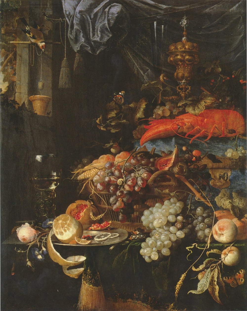 Still Life with Fruit, a Lobster and a Goldfinch by Abraham Mignon