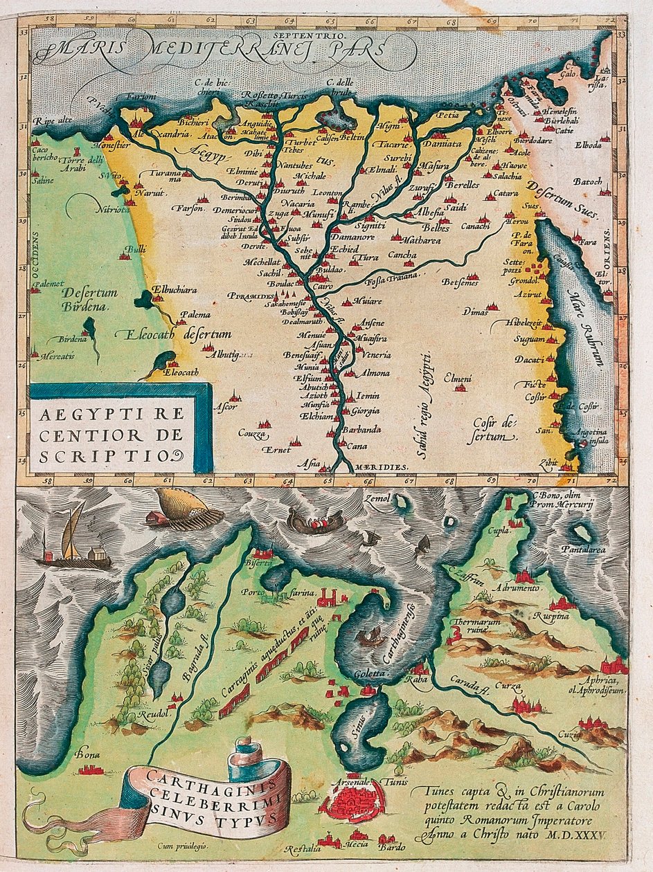 Geography map of Egypt with the cities of the Nile and Carthage (Tunisia) from 