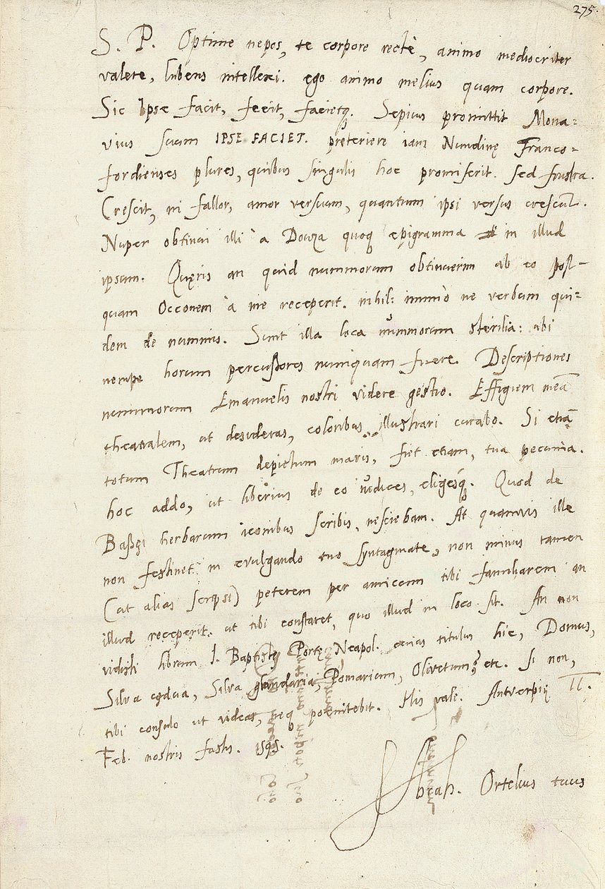 Autograph Letter Signed to His Nephew, Jacob Cool (Jacobus Colius), Antwerp, 2 February 1595 by Abraham Ortelius