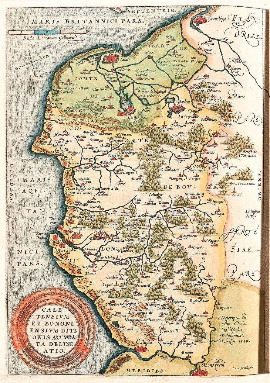 Geography Map of the Boulonnais Territory, Artois and French Flanders including the Places of Calais, Arches, Greuelinge, Etaples and Montreuil... taken from Theatrum Orbis Terrarum by Abraham Ortelius