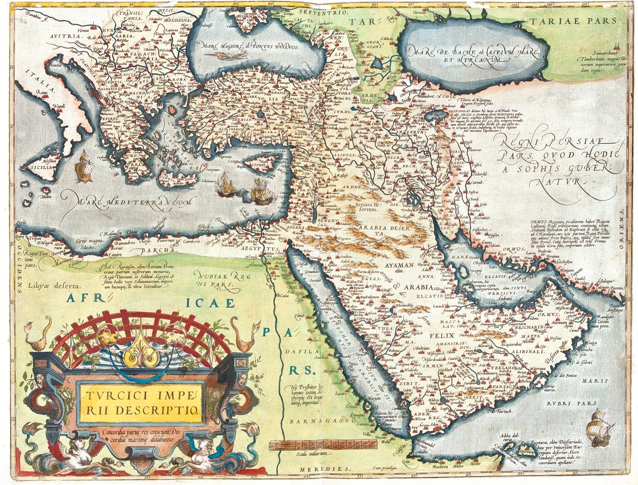 Croatia, Romania, Bosnia and Herzegovina, Serbia, Bulgaria, Montenegro, Kosovo, Albania, Macedonia, Greece, Turkey, south Russia, Georgia, Azerbaijan, Armenia, Iran, Iraq, Syria, Lebanon, Israel, Jordan, Saudi Arabia, Kuwait, Qatar, Bahrain, United Arab Em by Abraham Ortelius