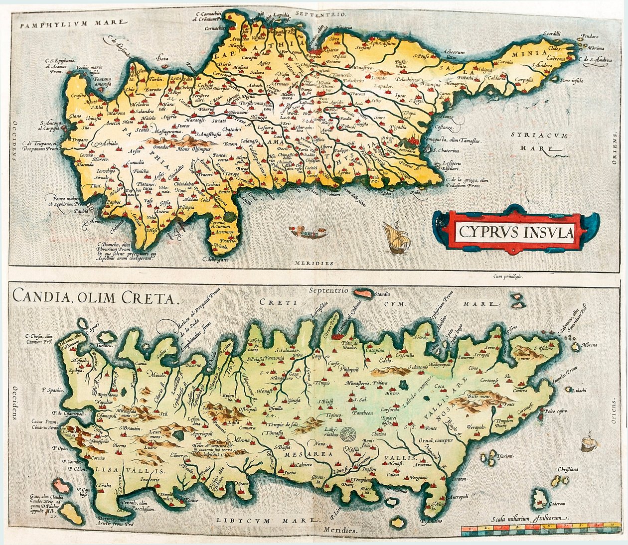 Cyprus Insula - Candia, olim Creta Geography map of the Mediterranean islands of Cyprus and Crete in Greece from 