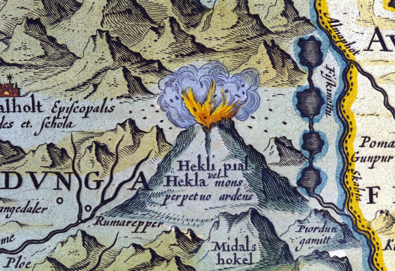 Hekla volcano in Iceland (Atlas of Abraham Ortelius, Amsterdam 1588) by Abraham Ortelius
