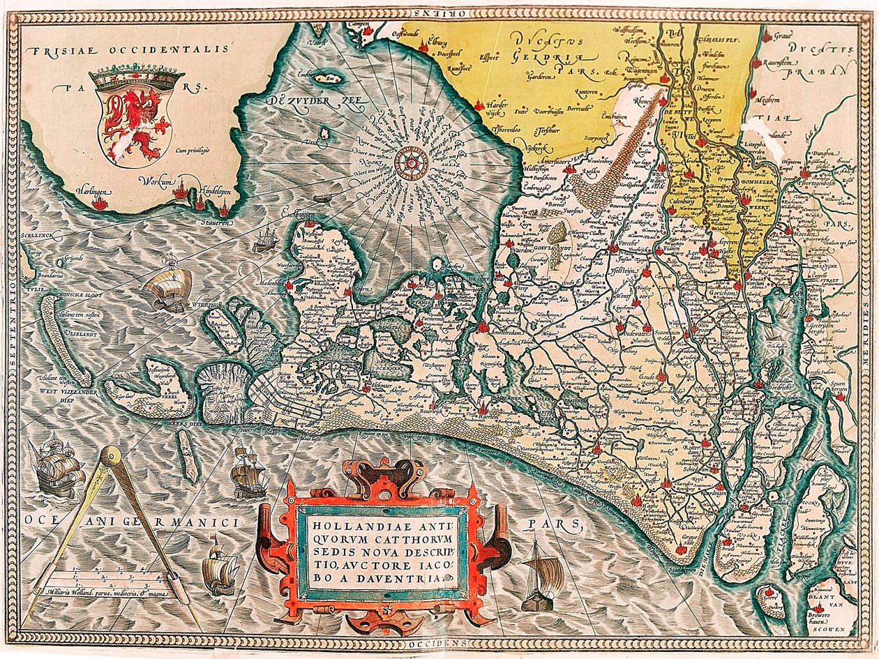 Hollandiae Antiquorum Catthorum Sedis Nova Descriptio, Auctore Lacobo a Daventria. Geography Map of the Territory of the Netherlands with the Cities of Amsterdam and Haarlem... Taken from 