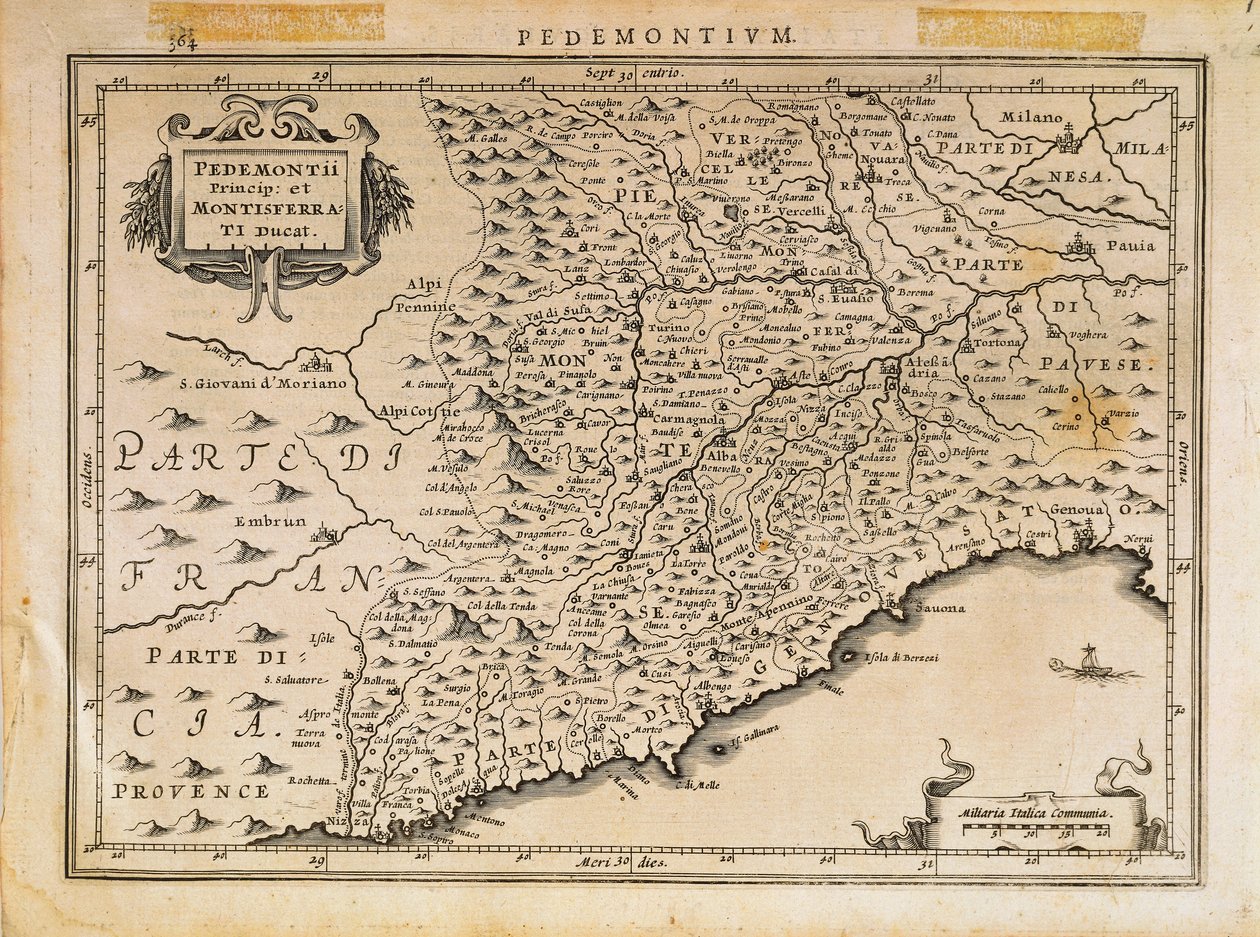 Principality of Piedmont, Duchy of Monferrato, Western Liguria and Part of Eastern Liguria Region by Abraham Ortelius