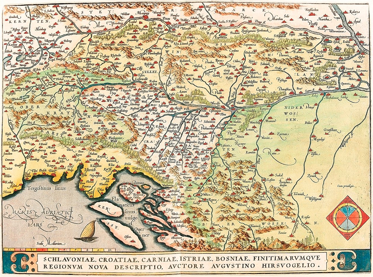 Schlavoniae, Croatiae, Carniae, Istriae, Bosniae, Finitimarumque Regionum Nova Descriptio, Auctore Augustino Hirsuogelio Geography Map of the Territories of Slavonia, Croatia, Bosnia and Dalmatia from 