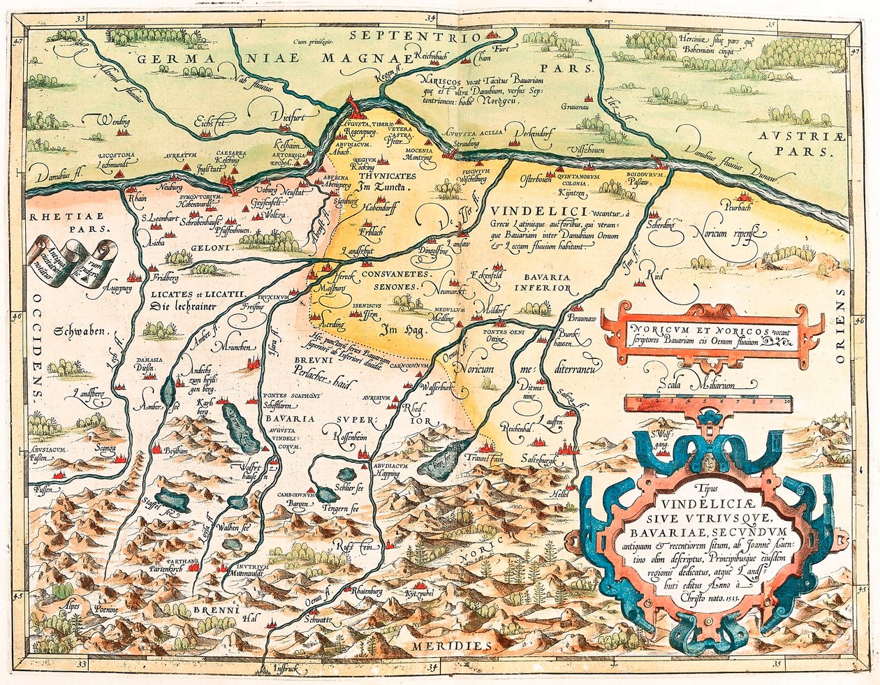 Typus Vindeliciae Ssive Utriusque Bavariae: Secundum Antiquam & Recentiorum Situm, ab Joanne Aventino Olim Descriptus... Geography Map of the Territory of Bavaria in Germany from 