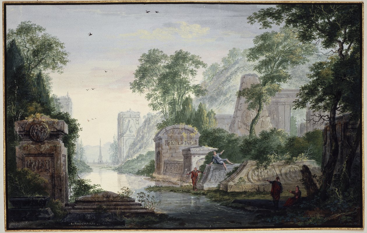 Ancient Grave Ruins in a River Landscape by Abraham Rademaker