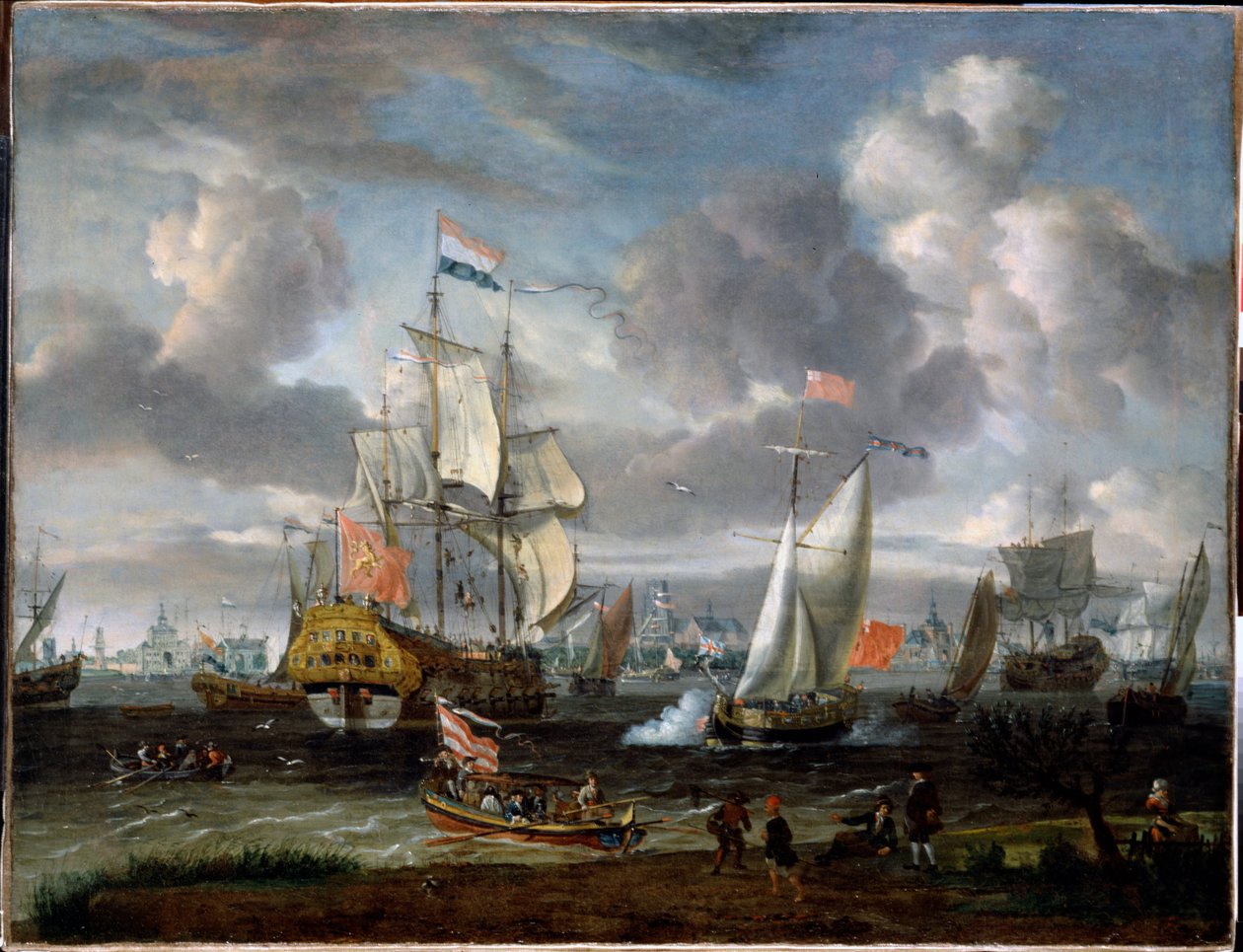 An English Yacht Saluting a Dutch Man-of-War in the Port of Rotterdam by Abraham Storck