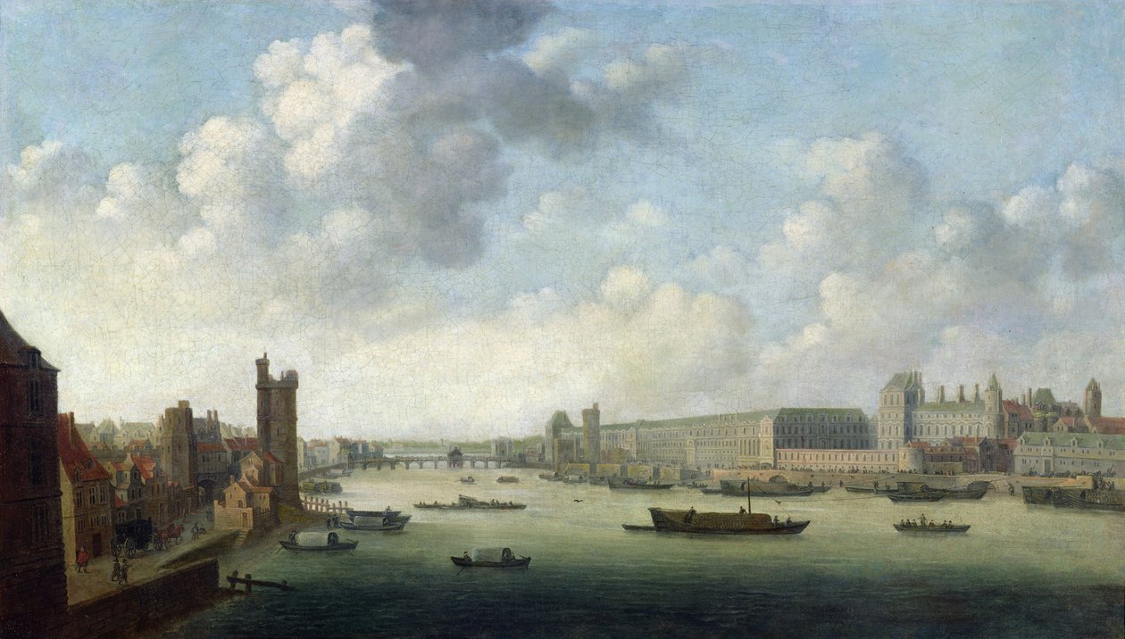 Perspective View of Paris from the Barber Bridge downstream, depicting the Hôtel Bourbon, The Grande Galerie of the Louvre, c.1640 by Abraham de Verwer