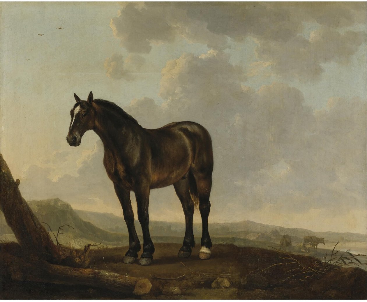 Portrait of a Brown Horse in a Landscape by Abraham van Calraet