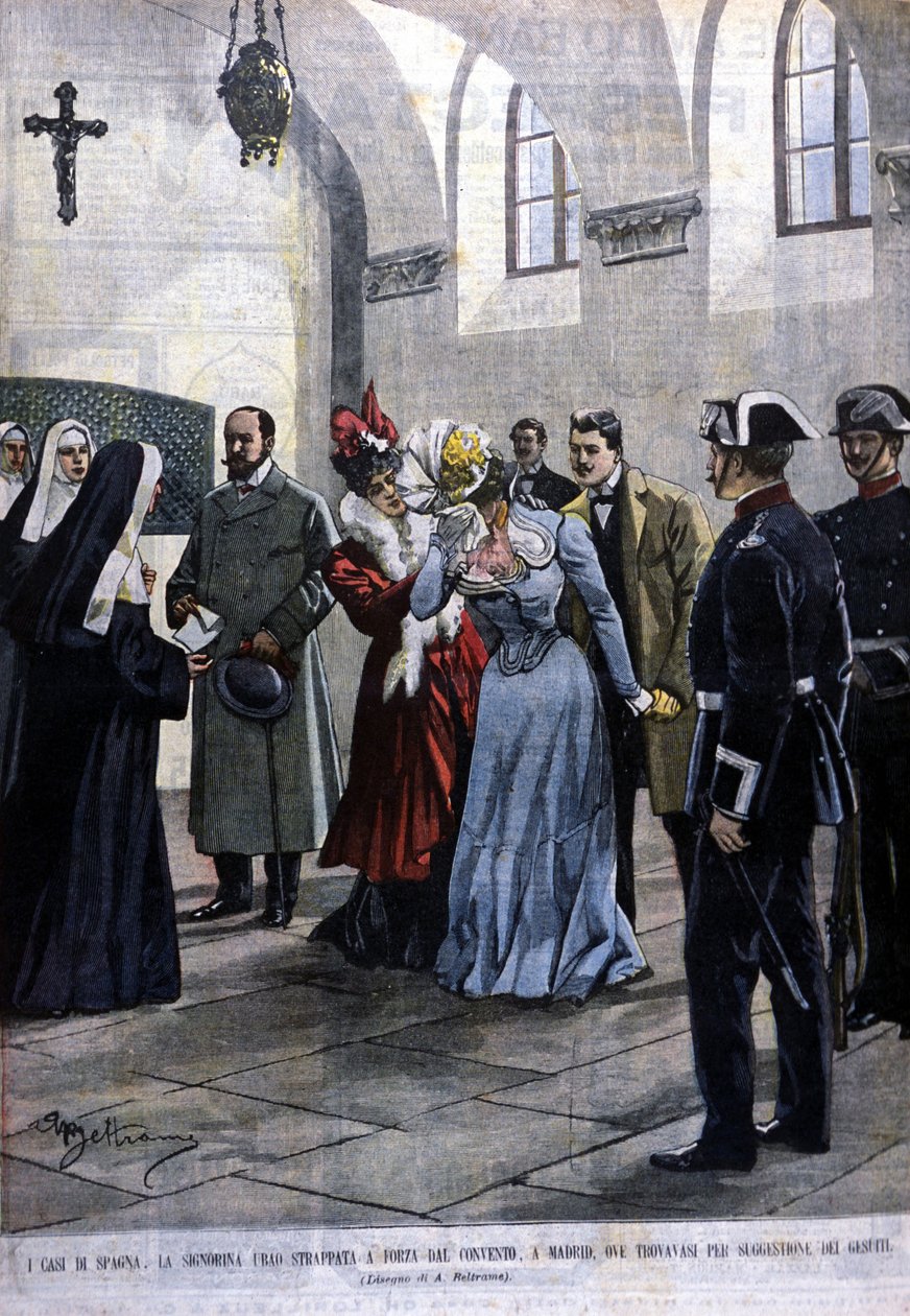 In Madrid, a young woman, Mademoiselle Ubao, is taken from the life of a nun in a convent where she was placed by the suggestion of the Jesuits. Illustration by Beltrame. La Domenica del corriere. 1901 by Achille Beltrame