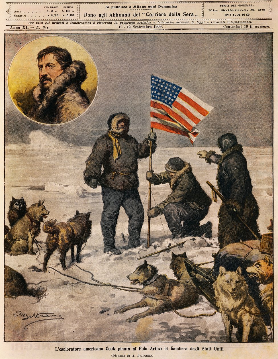 American explorer Cook planting US flag in North Pole (illustration by ...