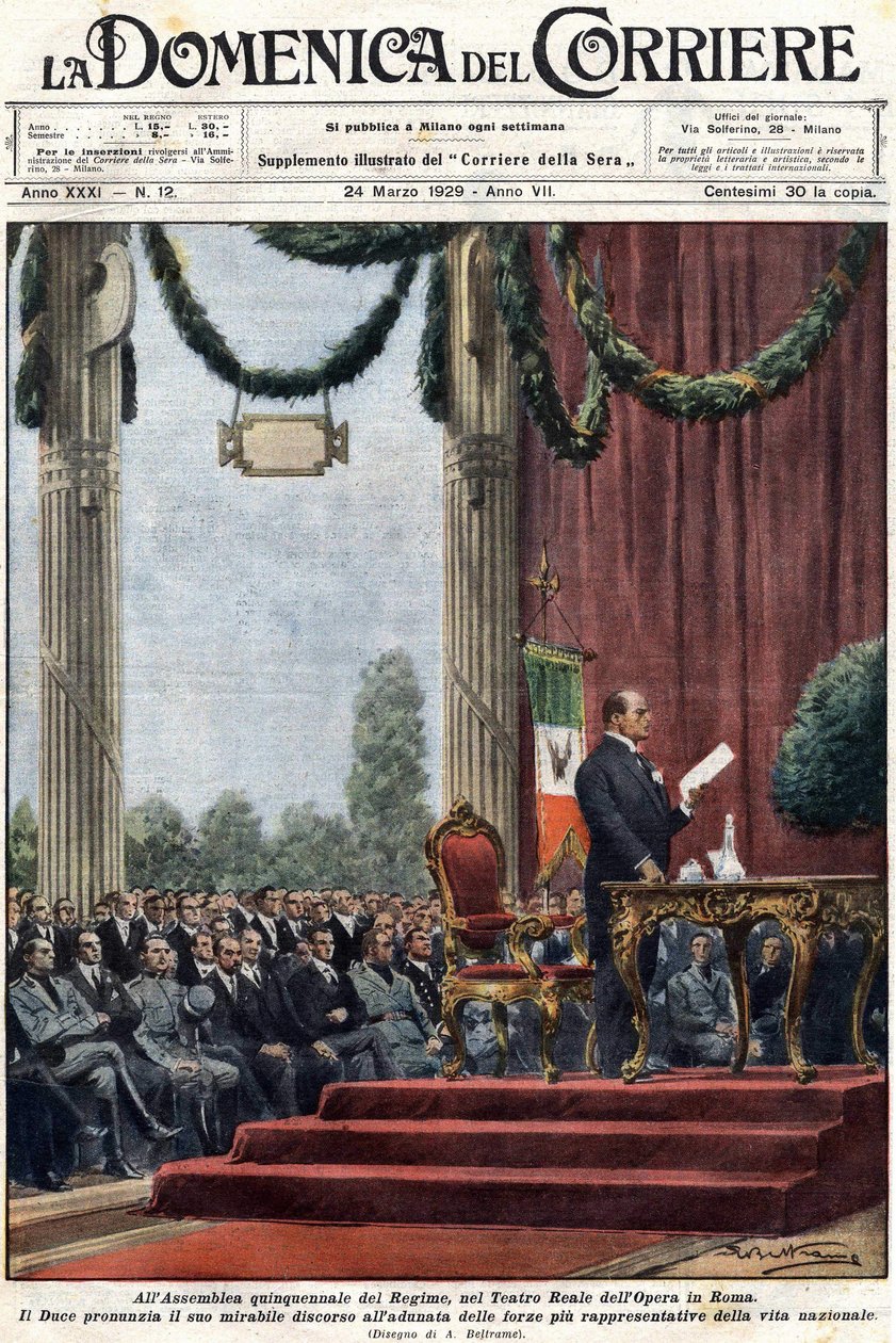 Benito Mussolini Delivering His Speech at the Teatro Reale of the Opera in Rome Before the Leaders of the Regime. Illustration by Achille Beltrame. 