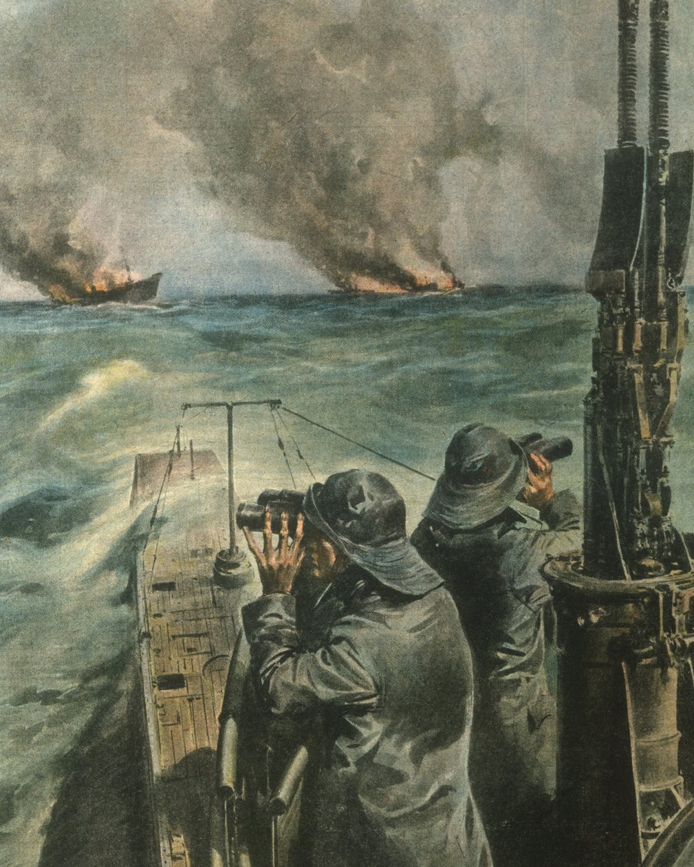 Cover illustration of Anglo-American steamships being torpedoed off coast of West Africa during World War II by Achille Beltrame