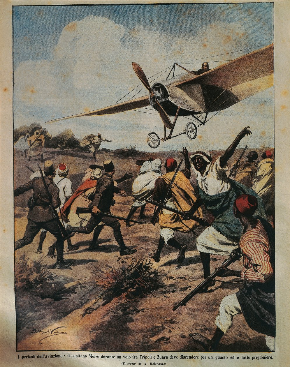 Cover illustration of Captain Moizo attempting a crash landing during the African Campaign, by Achille Beltrame, from La Domenica del Corriere, 22nd September 1912 by Achille Beltrame