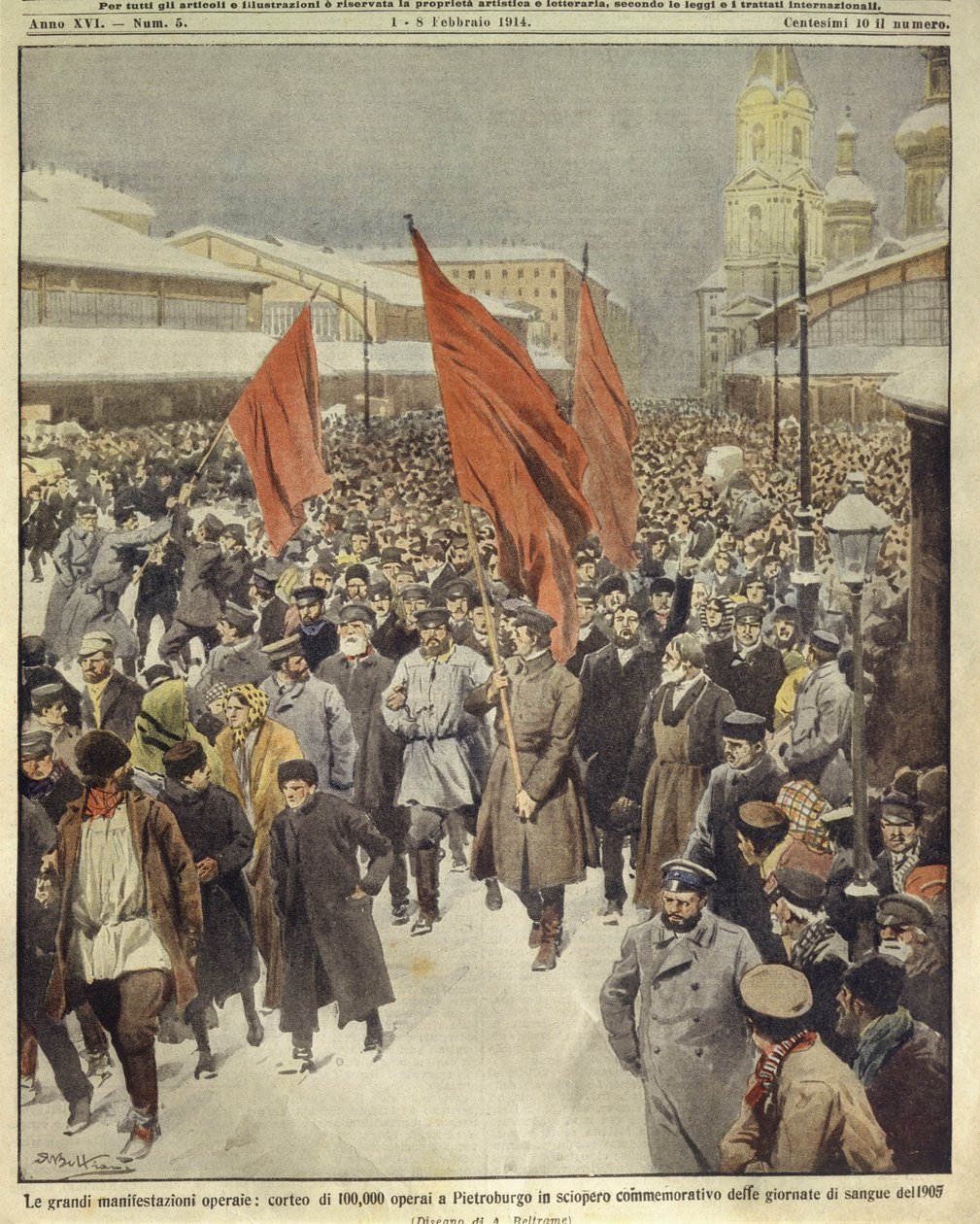 Cover Illustration of One Hundred Thousand Workers Marching to Commemorate Bloody Sunday of 1905, Saint Petersburg, Russia by Achille Beltrame