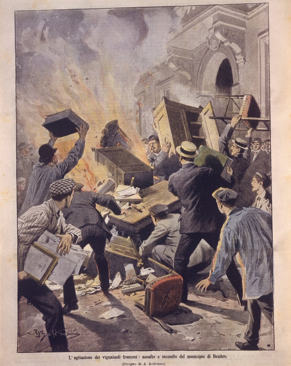 Winemakers setting fire to Beziers Town Hall during uprisings in France by Achille Beltrame