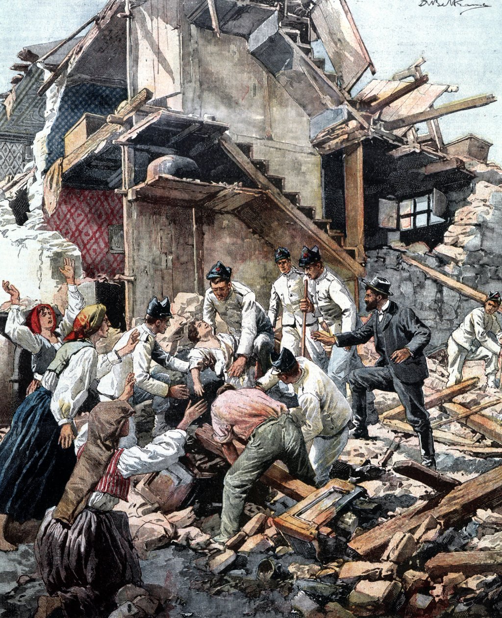 Earthquake in Reggio (Calabria) on 28/12/1908. Soldiers are searching in the rubble for the victims of the earthquake. Illustration by Beltrame by Achille Beltrame