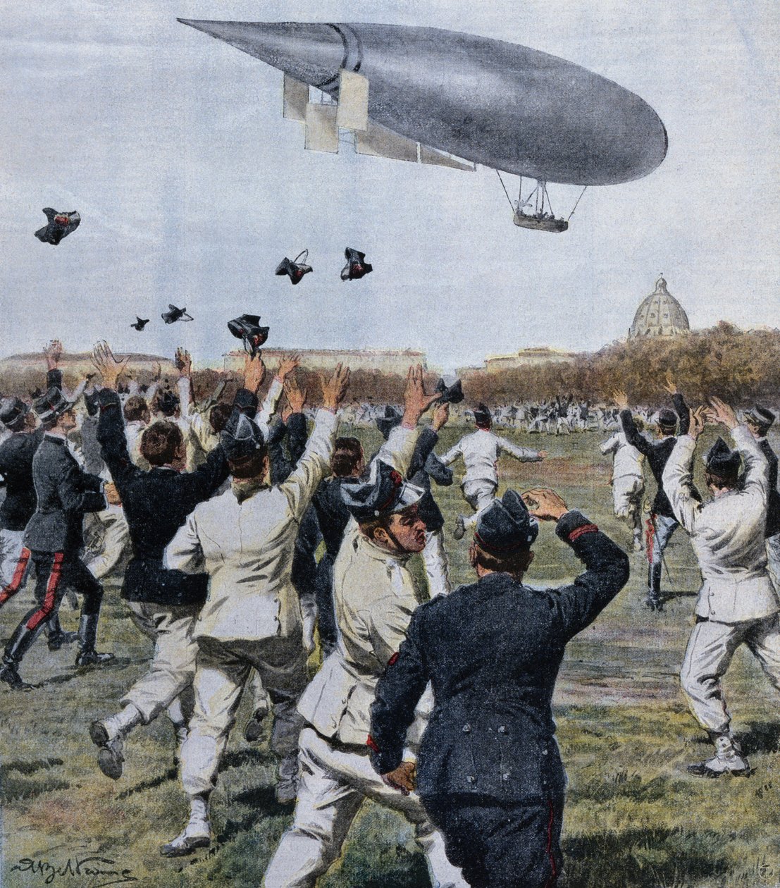 Flight of airship piloted by Crocco and Ricaldoni in Rome, October 31 by Achille Beltrame