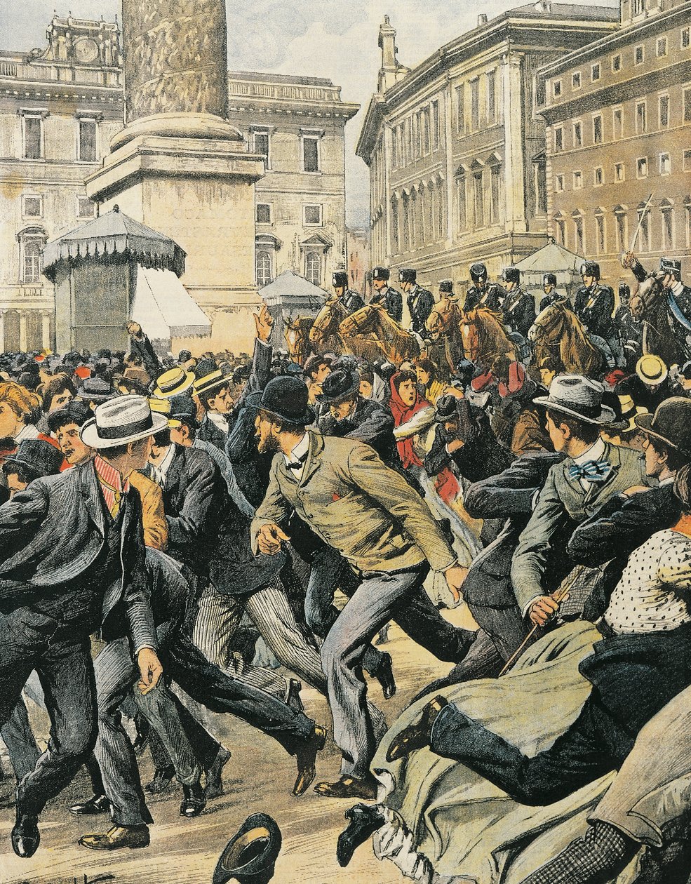 General workers strike in Rome, by Achille Beltrame, illustration, from La Domenica del Corriere by Achille Beltrame