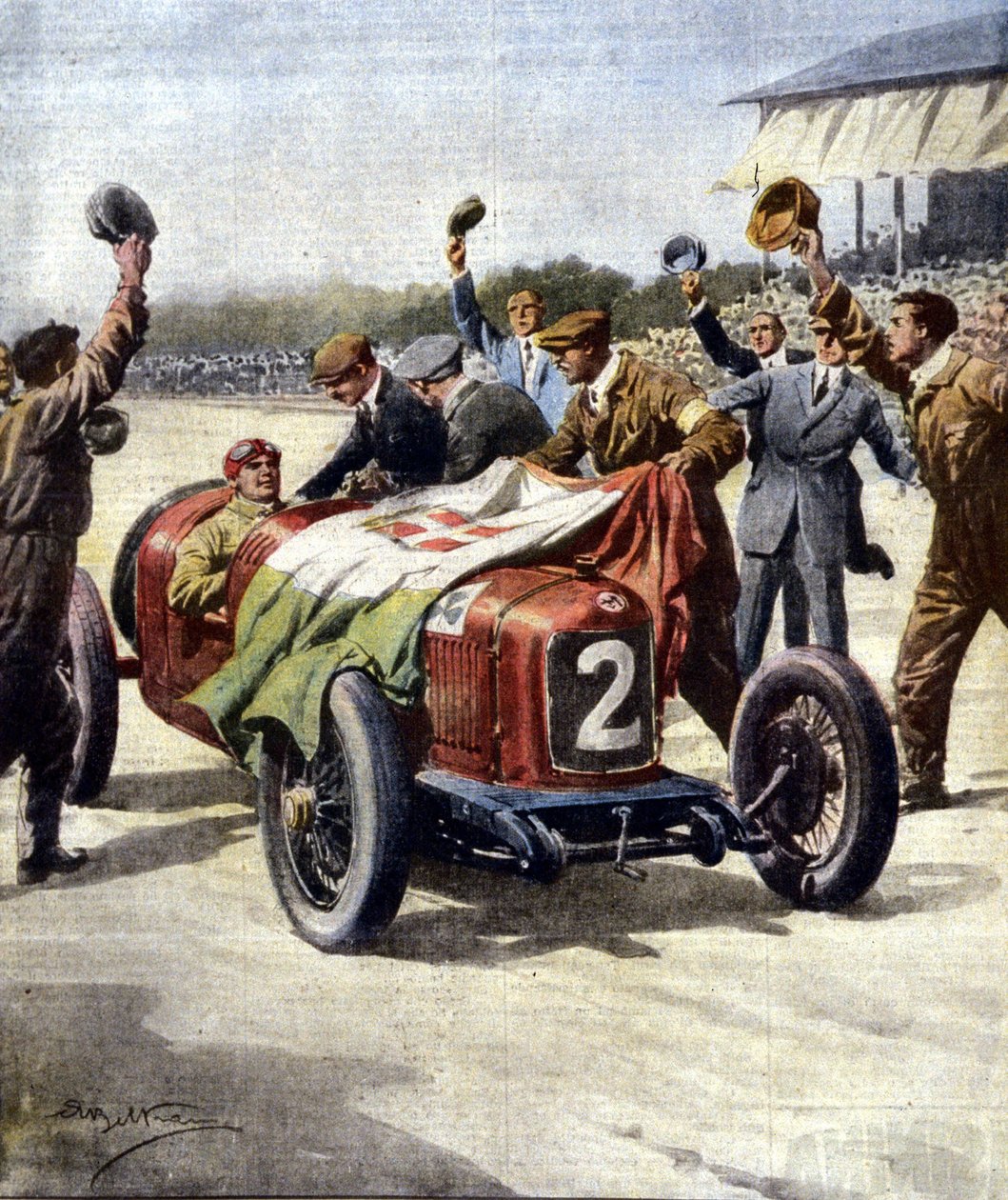 Italian victory at the 3rd European Motor Grand Prix: the mechanics from Ascari display the tricolour flag on the car. Illustration by Beltrame. La Domenica del Corriere. 07/1925 by Achille Beltrame