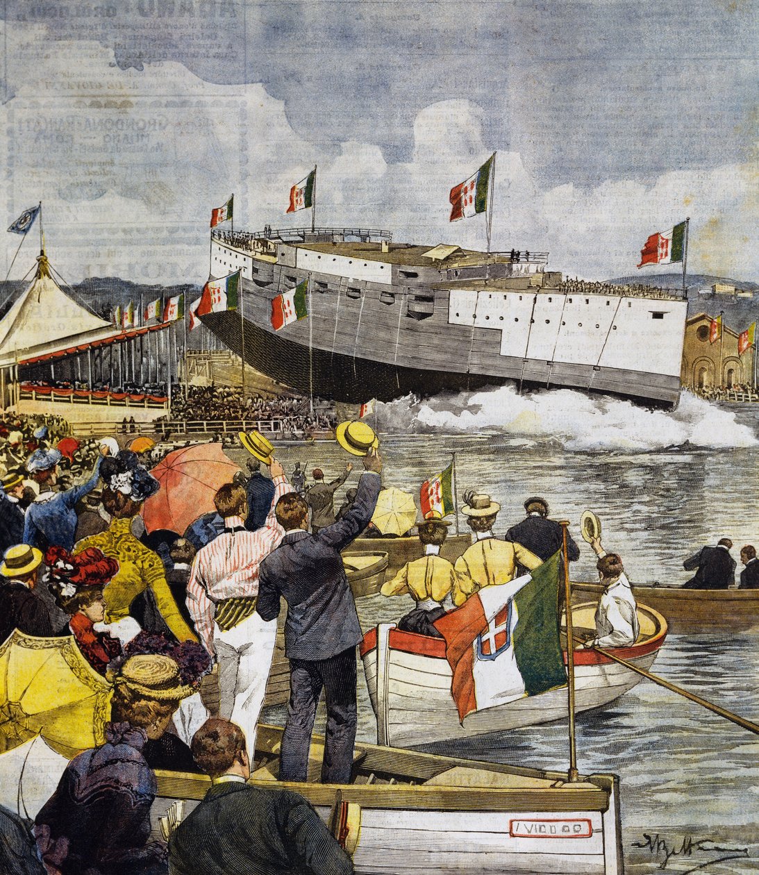 Launching of battleship Regina Margherita in La Spezia, panel by Achille Beltrame, La Domenica del Corriere, June 9 by Achille Beltrame