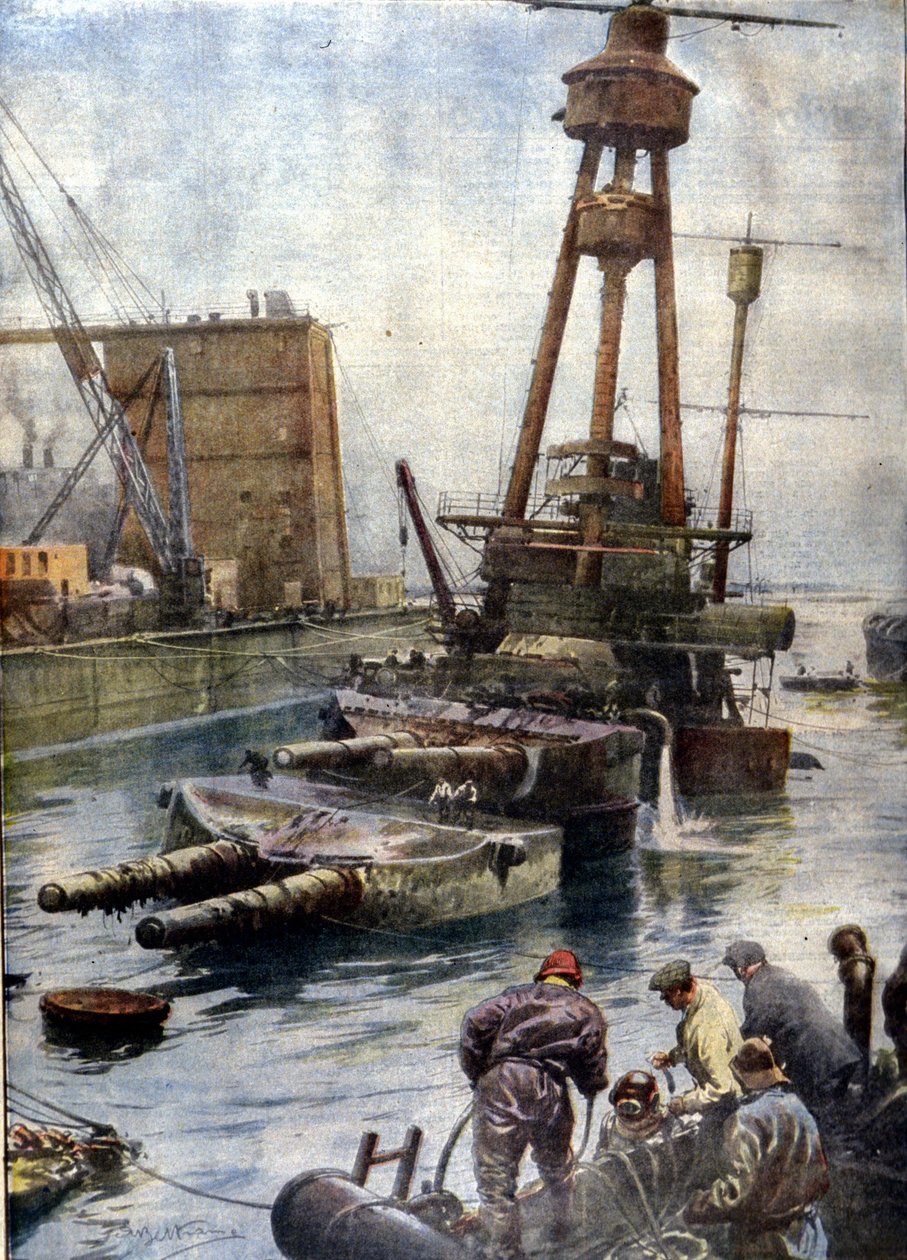 The German battleship Hindenburg, sunk at Scapa Flow in Scotland, resurfaced thanks to the English fleet after 7 years at the bottom of the oceans. Illustration by Beltrame. La Domenica del Corriere by Achille Beltrame