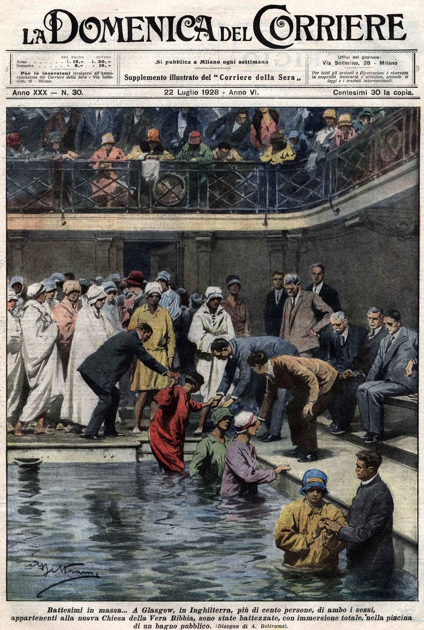 Mass Baptisms: In Glasgow, Scotland, More Than One Hundred People, Members of the New True Bible Church, Were Baptized in the Municipal Pool. Illustration by Beltrame. 