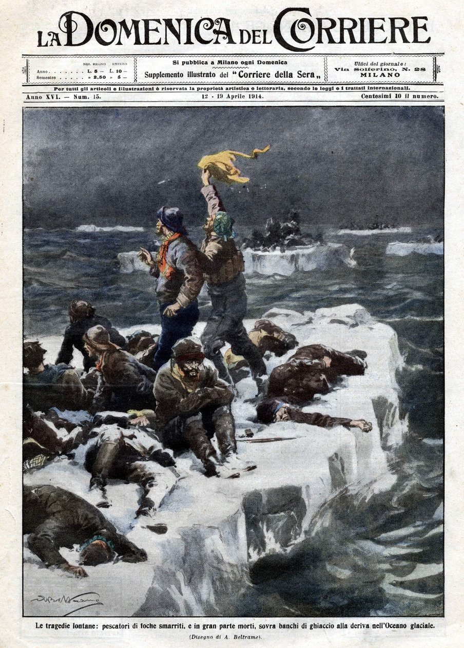 Seal fishermen, some of whom died, remained stranded on the ocean drifting ice. Illustration by Beltrame. La Domenica del Corriere. 12-19/04/1914. by Achille Beltrame