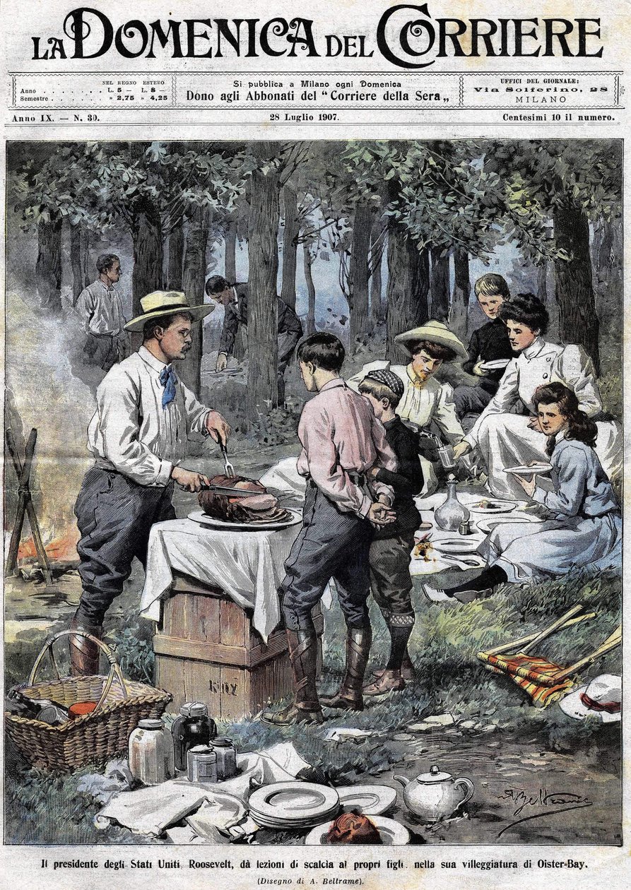 The President of the United States Theodore Roosevelt (1858-1919) taught his sons the duties of a man of good society by cutting off his leg during a picnic in his second residence in Oyster Bay. Illustration by Achille Beltrame. La Domenica del Corriere by Achille Beltrame