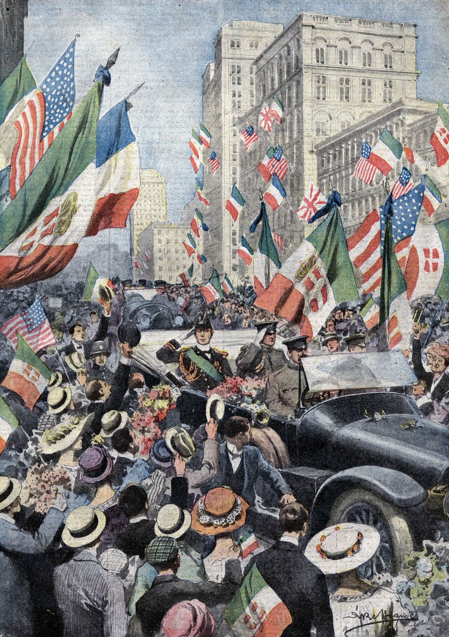 The enthusiastic welcome given by the American people to Ferdinand de Savoy, Duke of Genoa and Prince of Udine (1884 - 1963) when he arrived in Boston. Illustration by Beltrame. La Domenica del Corriere. 06/1917. by Achille Beltrame