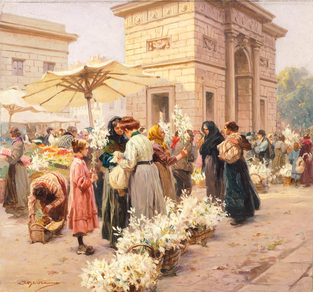 The Lily Market at Porta Garibaldi in Milan by Achille Beltrame