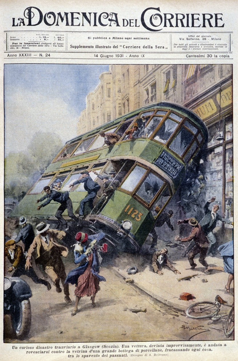 Tram accident in Glasgow, Scotland: one of the cars spilled over on a porcelain showcase and on passers-by - drawing by A. Beltrame, in 