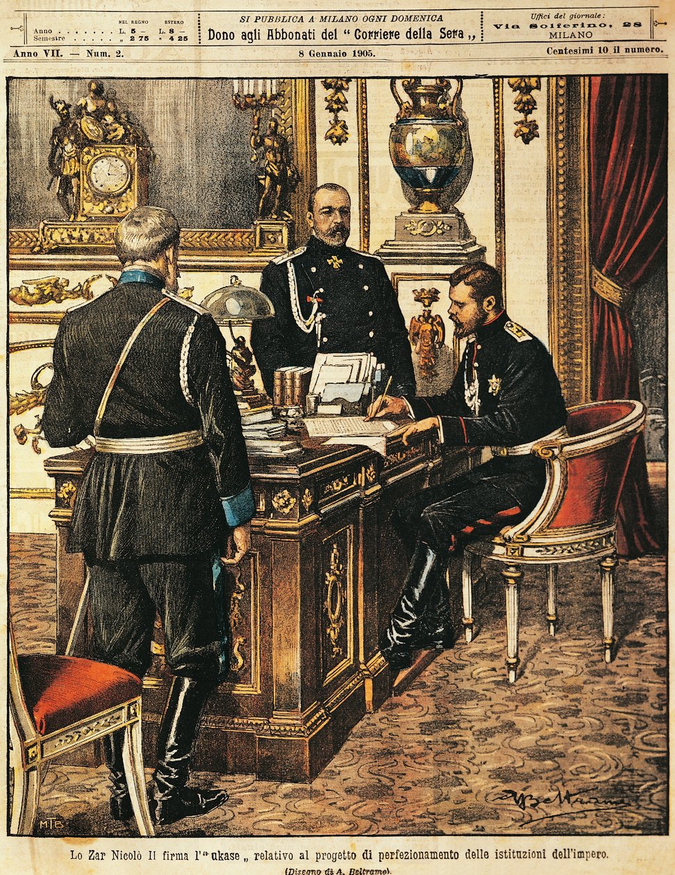 Tsar Nicholas II signing project for institutional reforms, from La Domenica del Corriere, 8th January 1905 by Achille Beltrame